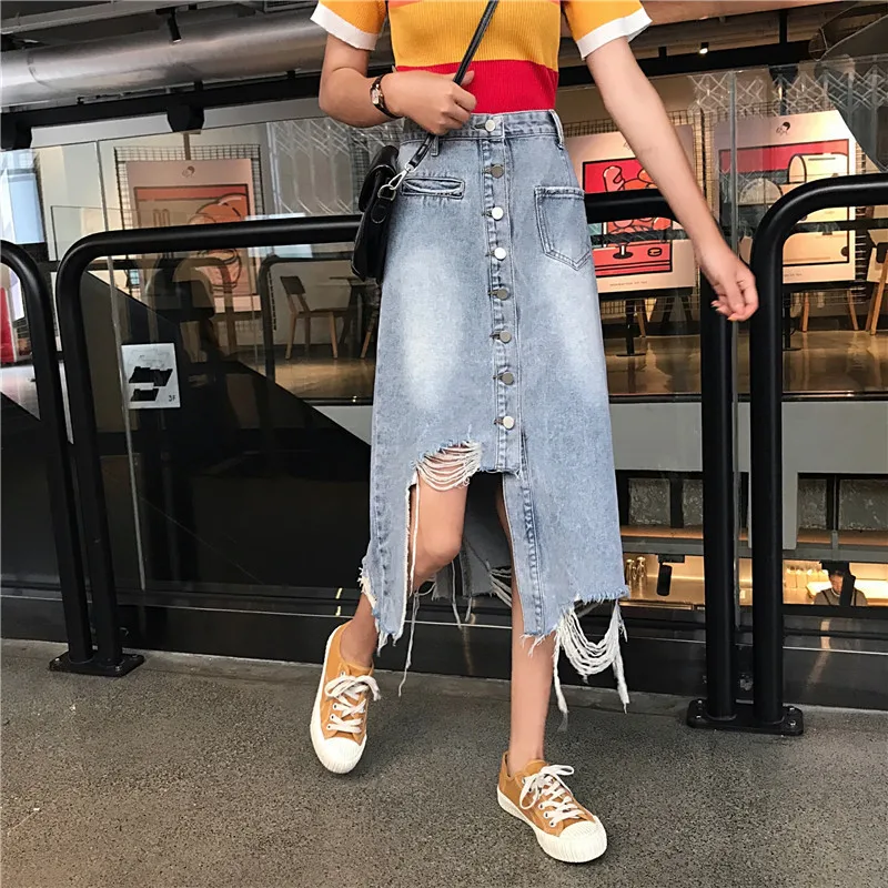 

Women Front Buttons Midi Denim Skirt High Waist Jeans Skirt Summer Irregular Ripped Distressed A Line Denim Skirt For Women