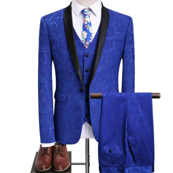 

(suit + trousers + vest) 2019 new suit male host suit / men's fashion business Slim printing groom suit three-piece