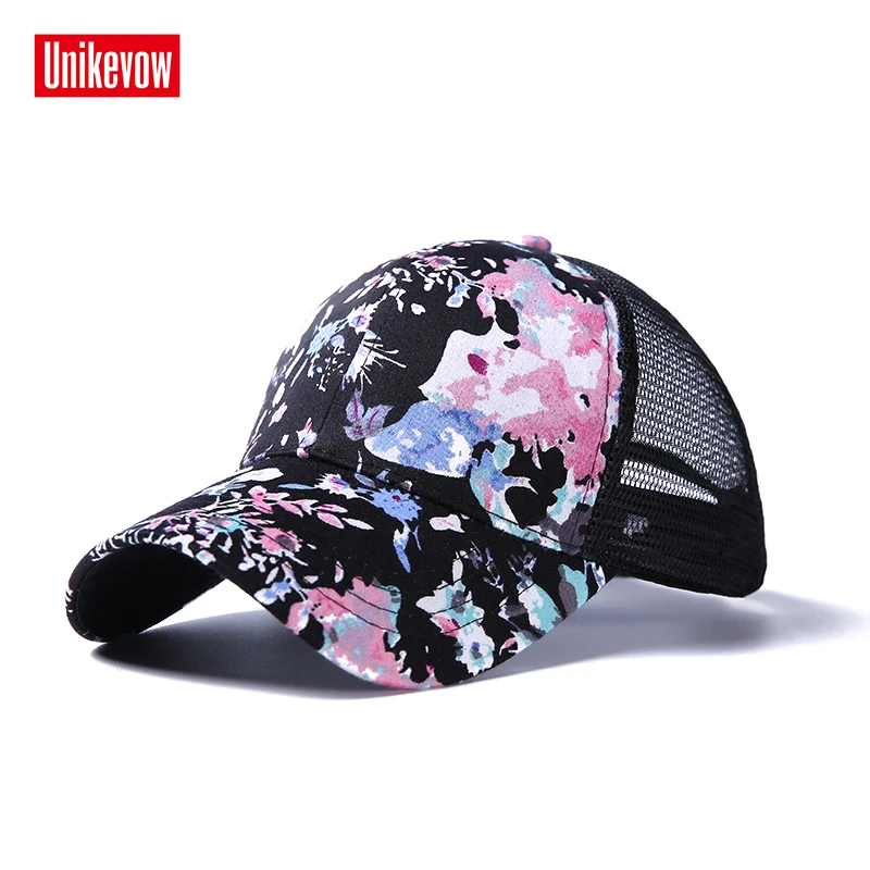 Unikevow Women Half Mesh Baseball Cap Floral Printed Snapback 6 Panel