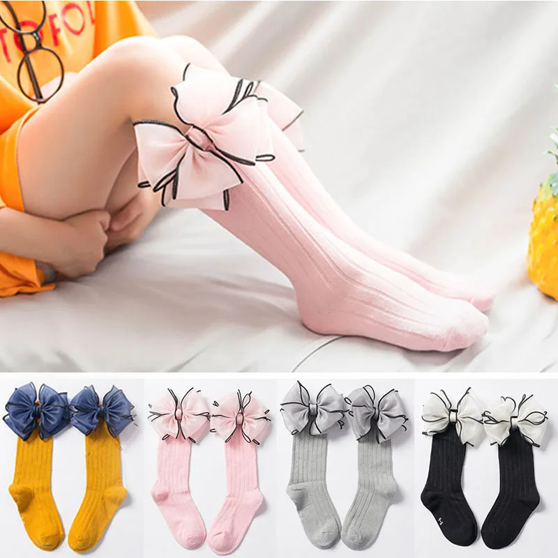 

Autumn Winter Kids Socks Big Lace Bow Knee High Socks Soft Knitted Cotton Girls Long Socks