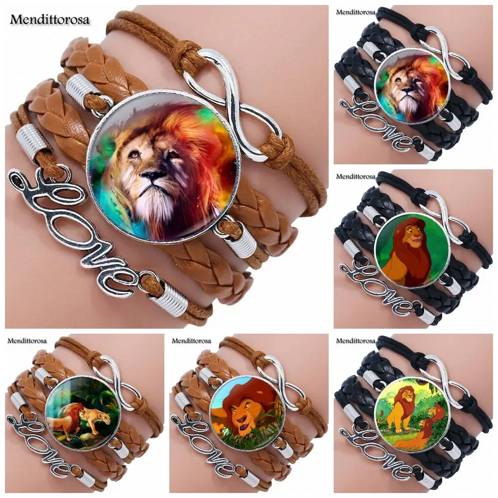 

EJ Glaze Lion King Glass Cabochon Multilayer Black/Brown Leather Bracelet Bangle Statement For Women Christmas Gift