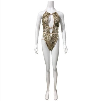 

2styles Sexy Deep V-neck Backless Sequins Bodysuit 2018 Summer Short Elegant Rompers Beach Bodysuit Monokini