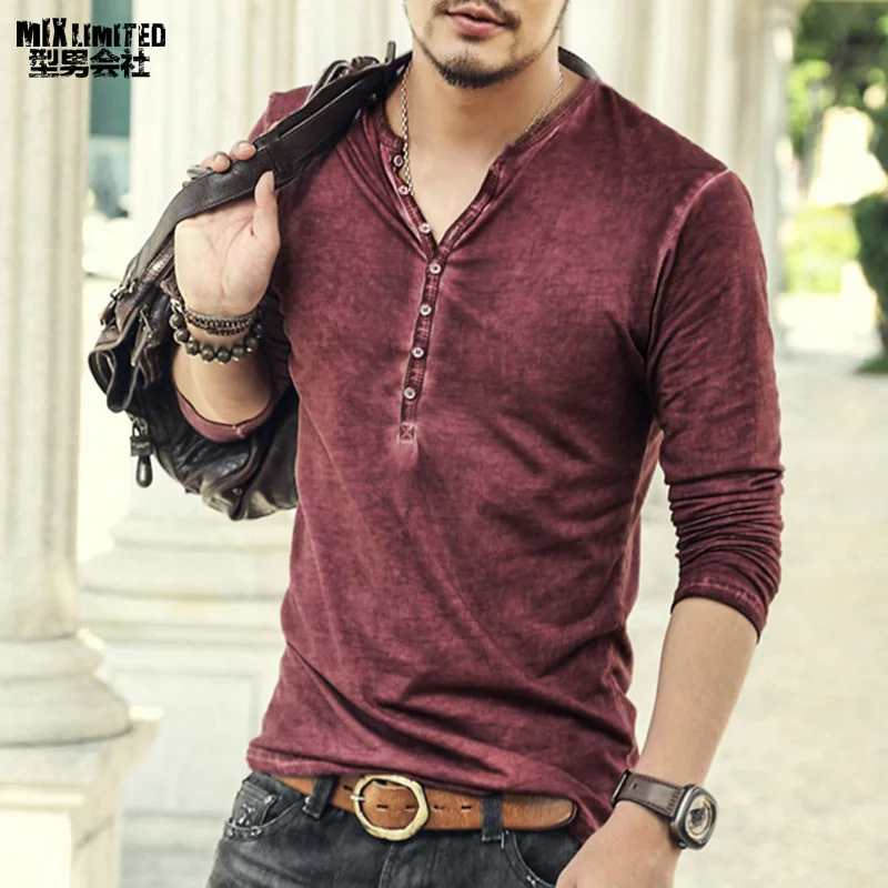 Prezzo Del Progettista di marca Degli Uomini Del Cotone Dell annata Henry T Camicette casual Manica Lunga Degli Uomini di Alta qualità vecchio colore Cardigan T shirt 2018 vendita calda