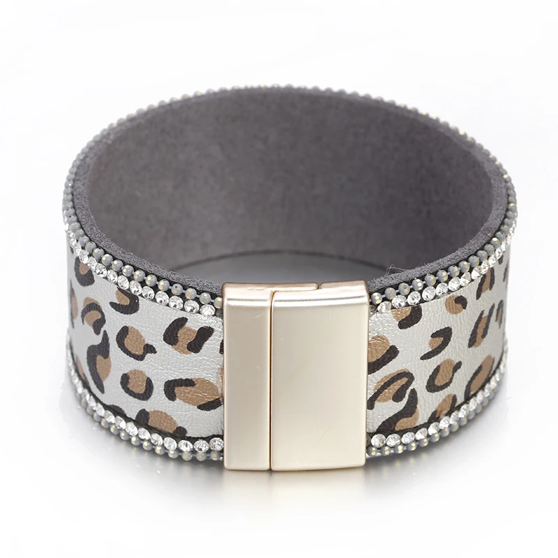 Amorcome кожаные браслеты с леопардовым узором для женщин вечерние модное украшение с кристаллами богемный широкий браслет обруча женский