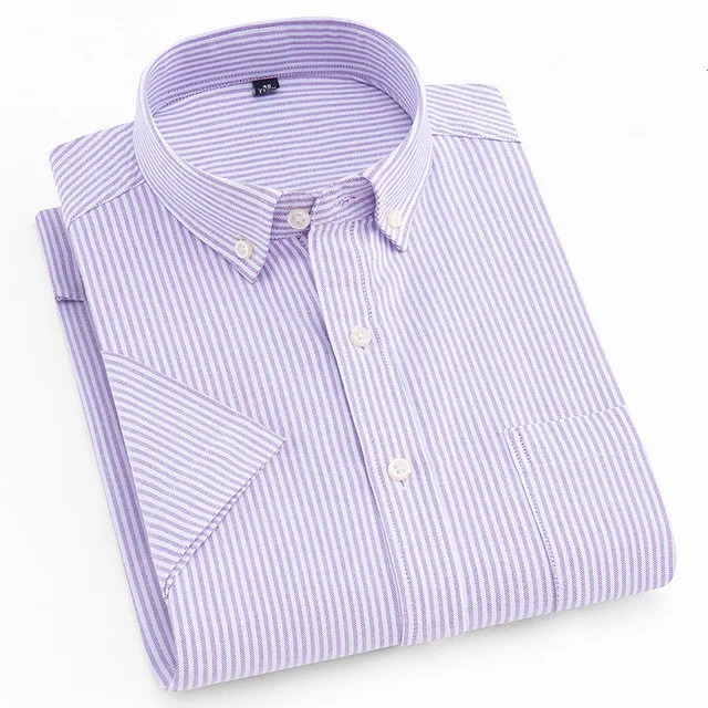 QISHA брендовая мужская рубашка из ткани Оксфорд с коротким рукавом, однотонная/клетчатая/полосатая Повседневная рубашка, простые белые мужские топы, одежда - Цвет: Purple Stripd