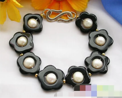 

0679 black agate carve flower white pearl bracelet
