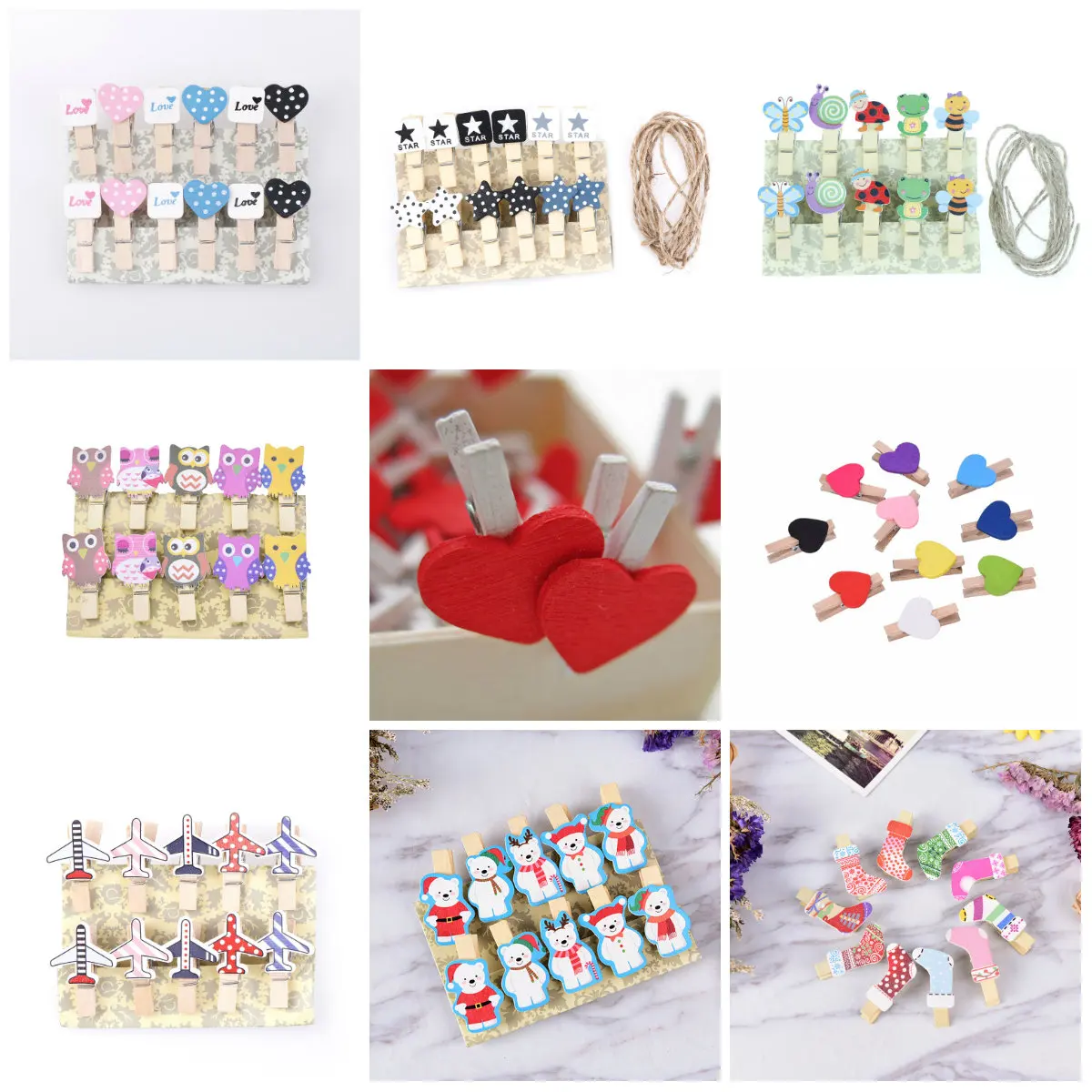 

10 Pcs/pack 8 Styles Owl Airplane Christmas Heart Natural Wooden Clothes Photo Paper Peg Pin Clothespin Craft Clips