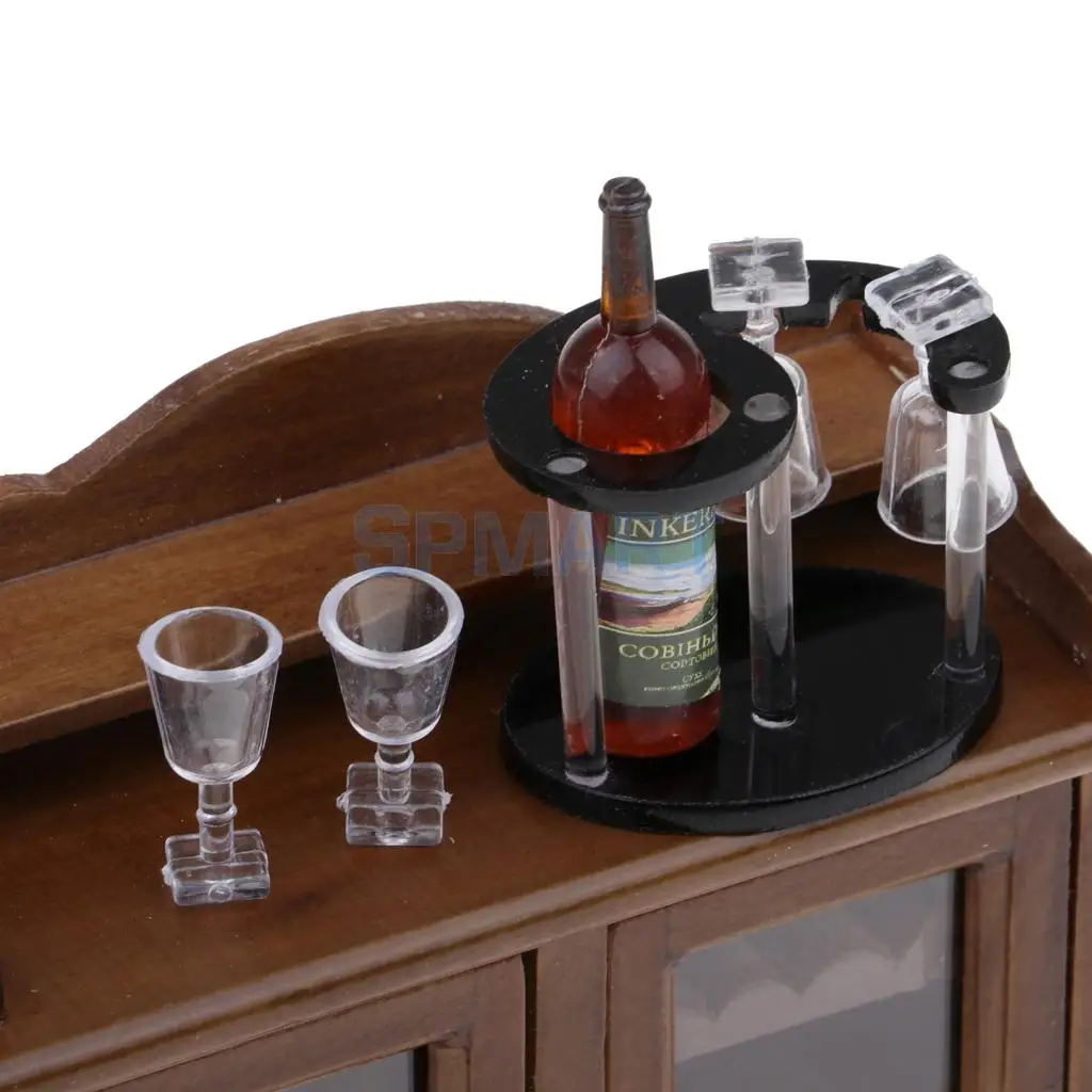 Vintage 1/12 Dollhouse Miniature Furniture Wine Cabinet with Bottles Wine Glass Model Collectibles