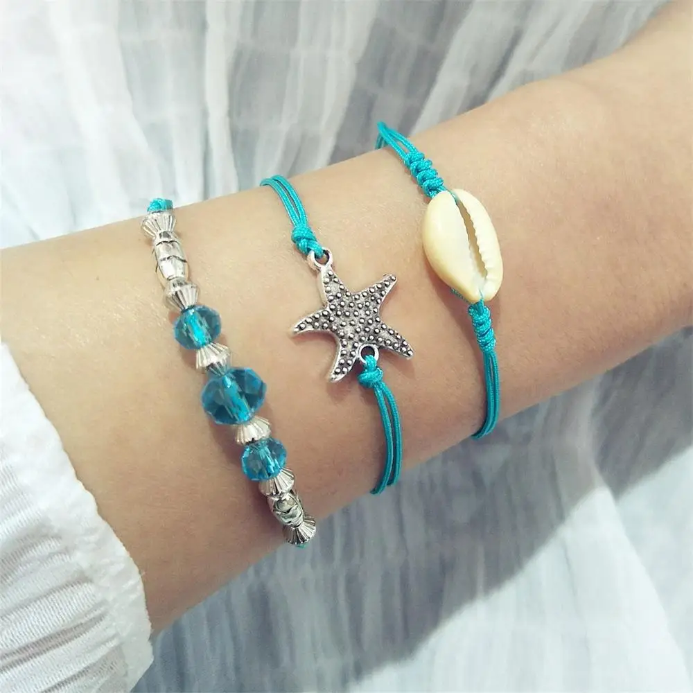 

Women Bracelet Set Silver Three Blue Beads Shell Starfish Leather Braided Rope Bracelet Lady Fashion Summer Sandals Wear Jewelry