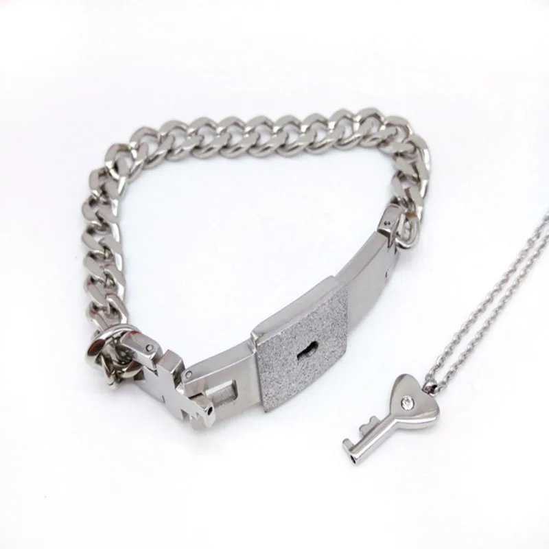 

Couple Titanium Steel Lock Bangle Bracelet & Key Pendant Necklace Love Sets Gift B36D