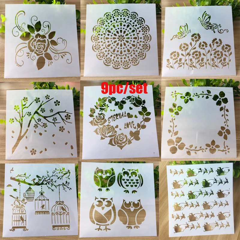 

9pc Stencil Rose Heart Openwork Painting Template Embossing Craft Bullet Journal Accessories Sjablonen For Scrapbooking Reusable