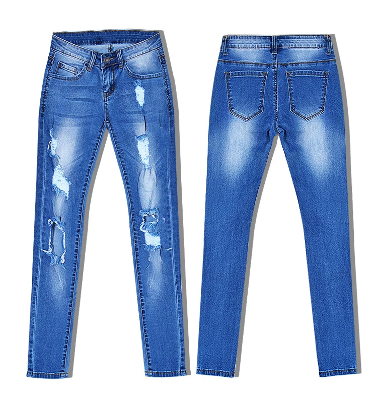 2017 New Hot Selling Women Low-waist Slim Elastic Jeans Pants Fit Close Pencil Pants Irregular Broken Hole Washed with Plus Size (10)