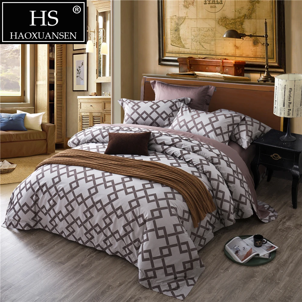 Jacquard Bedding Set Square Plaid Grey 4pcs Egyptian Cotton Bed