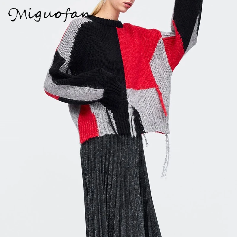 

Miguofan Knitted Pullovers Sweater Women Patchwork Pattern Streetwear Jumpers Ladies Tops Sweaters Female 2019 Winter New