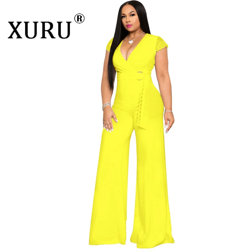 

XURU Autumn Sexy V-neck Women's Jumpsuit Solid Color Sleeveless Casual Siamese Trousers with Belt