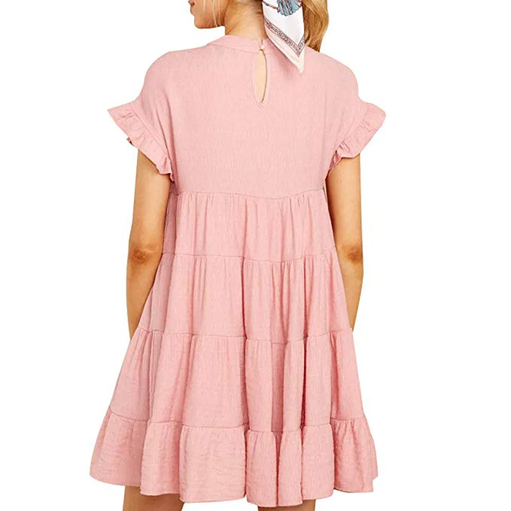 Women Summer Ruffle Sleeve Dress Casual Boho Solid Plain Short Sleeve A-Line Dress Female Loose Swing Party Mini Dress Vestidos