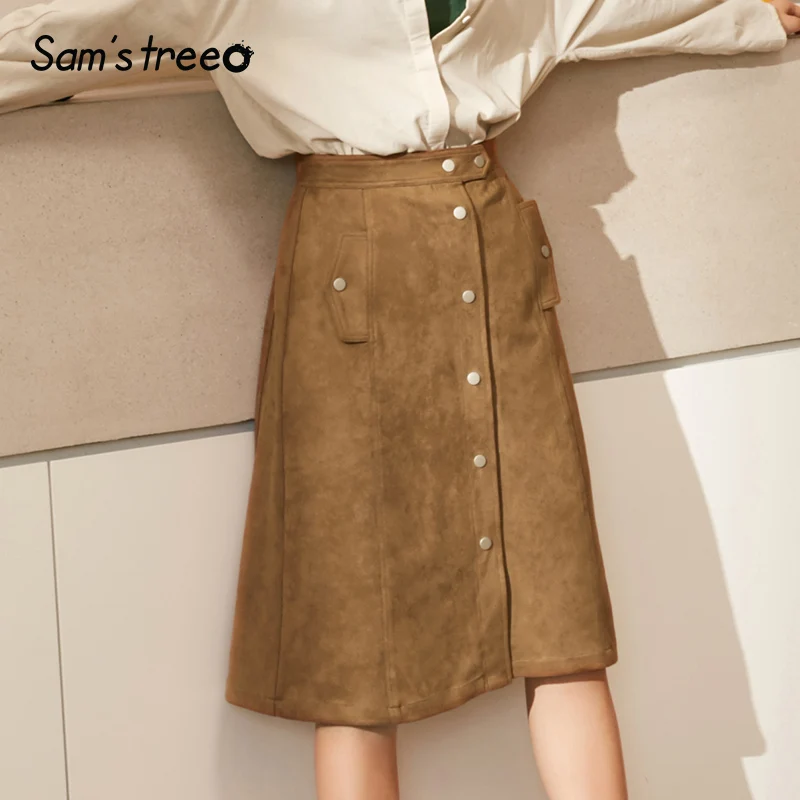 

Samstree Autumn Winter Women Skirts Suede A-line Female Skirts Single Breasted Elegant Camel Lady Skirts