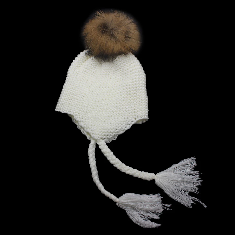 Детские Зимние теплые вязаные шапки из меха енота для девочек и мальчиков настоящая шапка с меховым помпоном Детские шапочки, вязанные крючком шапочка s