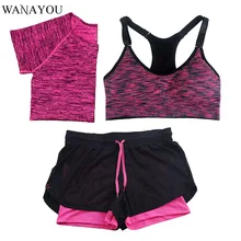 WANAYOU 3 Pieces Women font b Fitness b font Yoga Set T Shirt Bra Shorts Sport