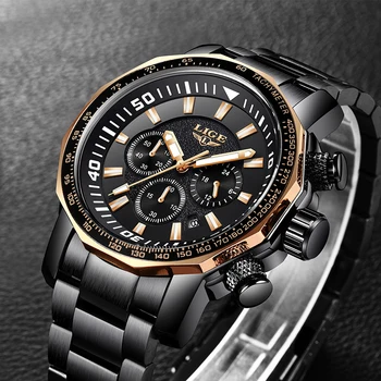 

LIGE Mens Watch Top Brand Luxury Casual Sports Waterproof Watch Men's Stainless Steel Quartz Clock Chronograph Relogio Masculino