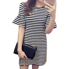 Fashion Summer Women Casual Dress Ruffles Pencil O Neck Dress Striped Ruffles Short Flare Sleeve Dress exaggerate bell sleeve pencil dress