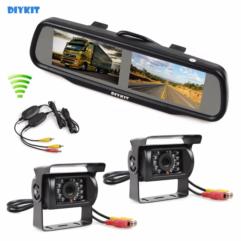 

DIYKIT Dual 4.3 inch Screen TFT LCD Rearview Car Mirror Monitor + 2 x CCD Waterproof Car Rear View Reverse Car Truck Bus Camera