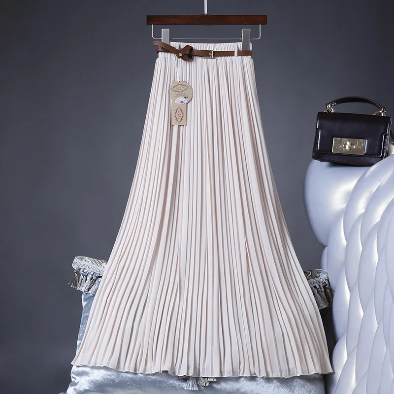 2021 High Quality Women Summer Skirt High Waist Vintage Women Pleated Skirt Saias Femme Boho White Long Chiffon Skirt Streetwear 2