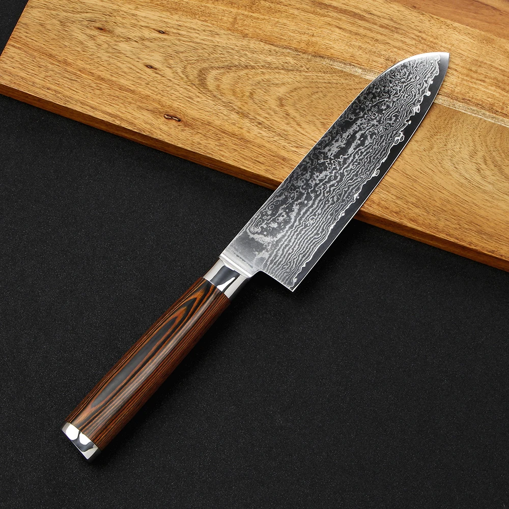 BIGSUNNY 7 дюймов Santoku нож для тонкой нарезки с деревянной ручкой Pakka, 67 слоев дамасской стали тонкое лезвие