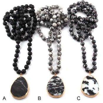 

Free Shipping Fashion Bohemian Tribal Jewelry Semi Precious Stones Long Knotted Black Drop Pendant Necklaces
