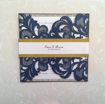 

Dark Blue wedding invitation cards with glitter band,Laser cut floral birthday Anniversary invitations card party Kits,100 PCS