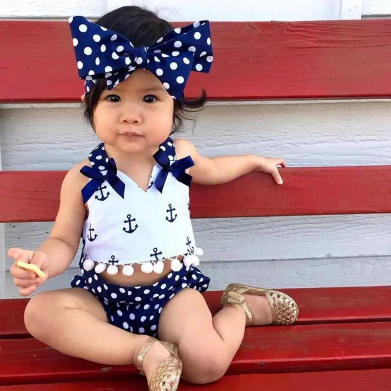 3pcs Lovely Printed baby Girls Clothes Set Cute Polka Dot Baby Girls Clothes Set Halter Tops Shorts Headband Suit Birthday Gift