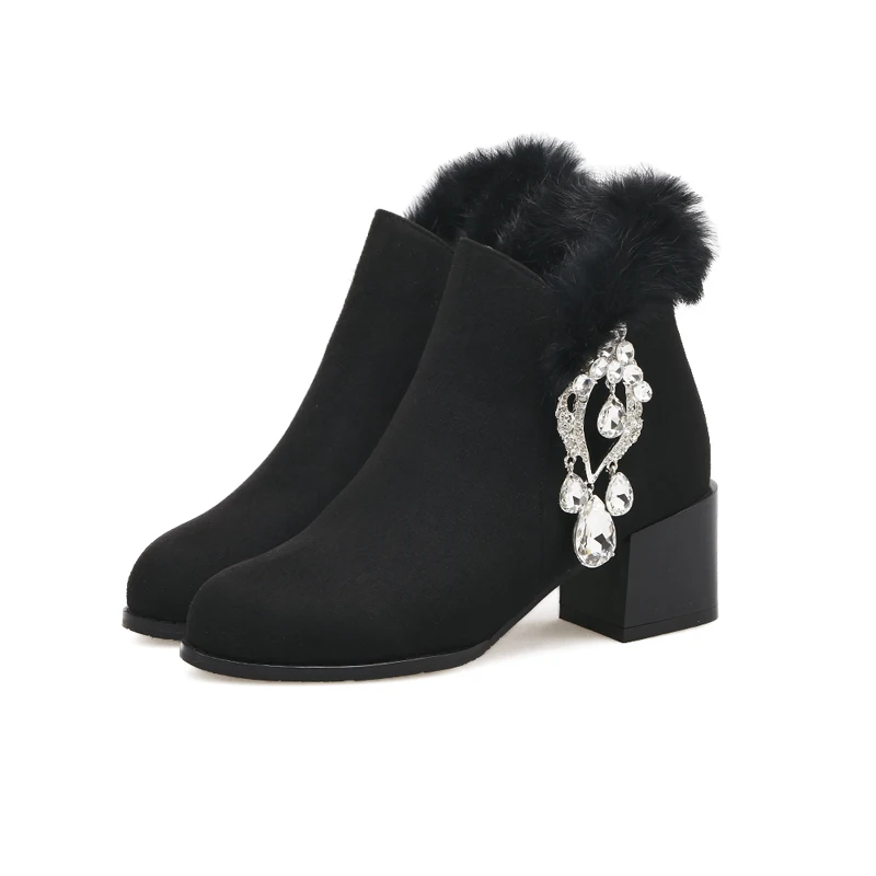 Women Ankle Boots Fashion Black Suede Round Toe Boots Elegant Rhinestone Thick Heel Shoes Autumn 