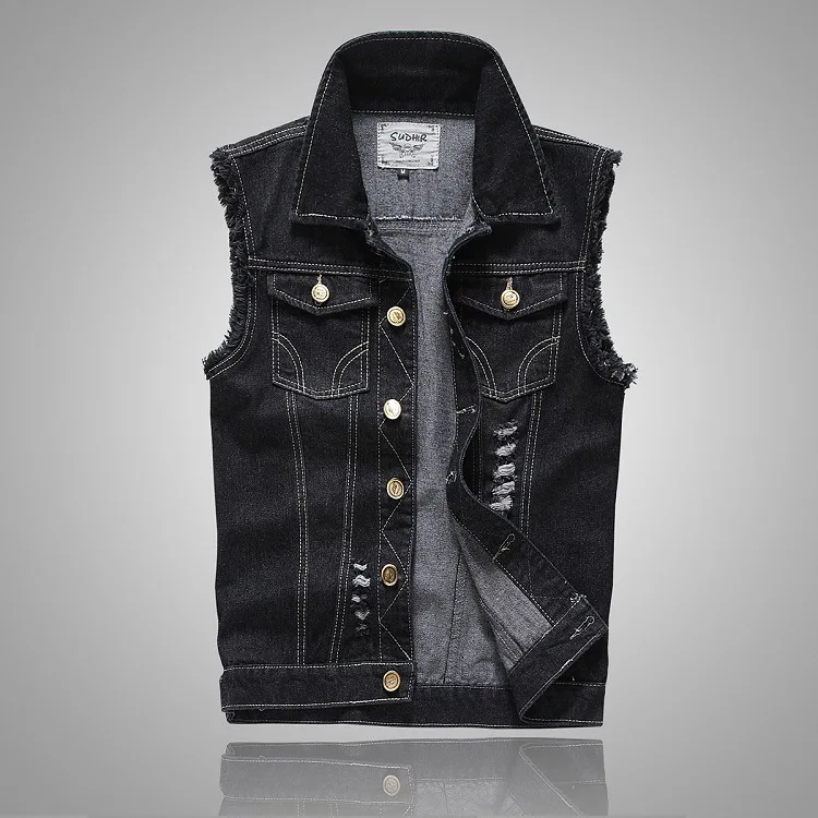 

Plus Size Ripped Black Denim Vest Mens Slim Fit Male Jeans Sleeveless Jacket Tank Top Cowboy Brand 5XL Raw Armhole Style