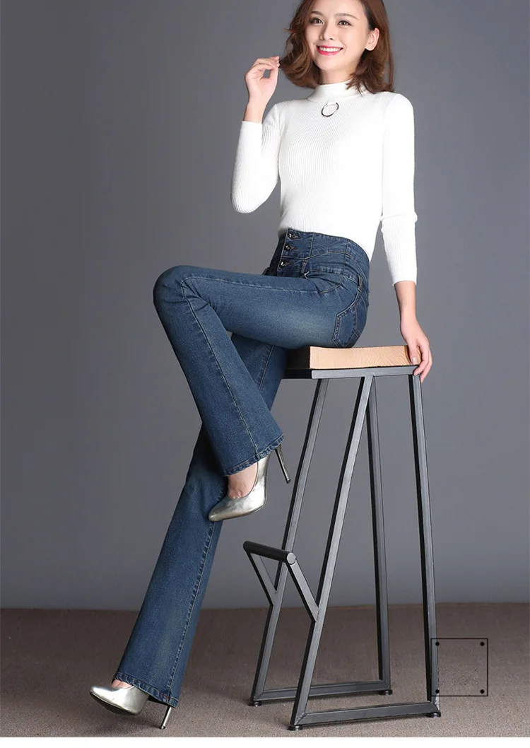 Весенне-осенние джинсы с высокой талией, женские новые повседневные джинсовые расклешенные брюки, модные Стрейчевые джинсы, женские джинсы размера плюс
