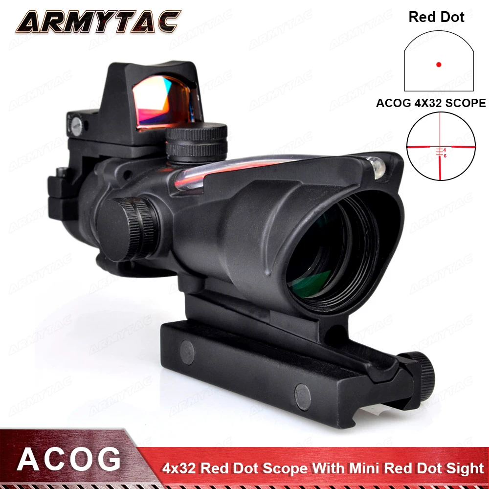 

ACOG 4x32 Red Optical Fiber Scope With Mini Red Dot Sight Tactical Airsoft Riflescope Hunting Rifle Scope AO1003