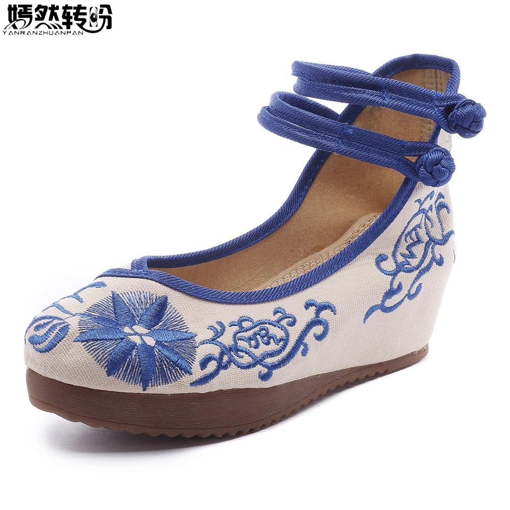 

Chinese Women Pumps Canvas Wedges Shoes Ladies Vintage Old Beijing Flower Cotton Embroidered Platforms Shoes Woman 5cm Heel