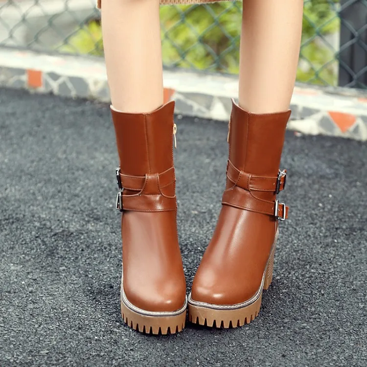 

Big Size 11 12 13 Round-headed thick heel square heel waterproof platform side zipper metal decorative mid-barrel Martin boots