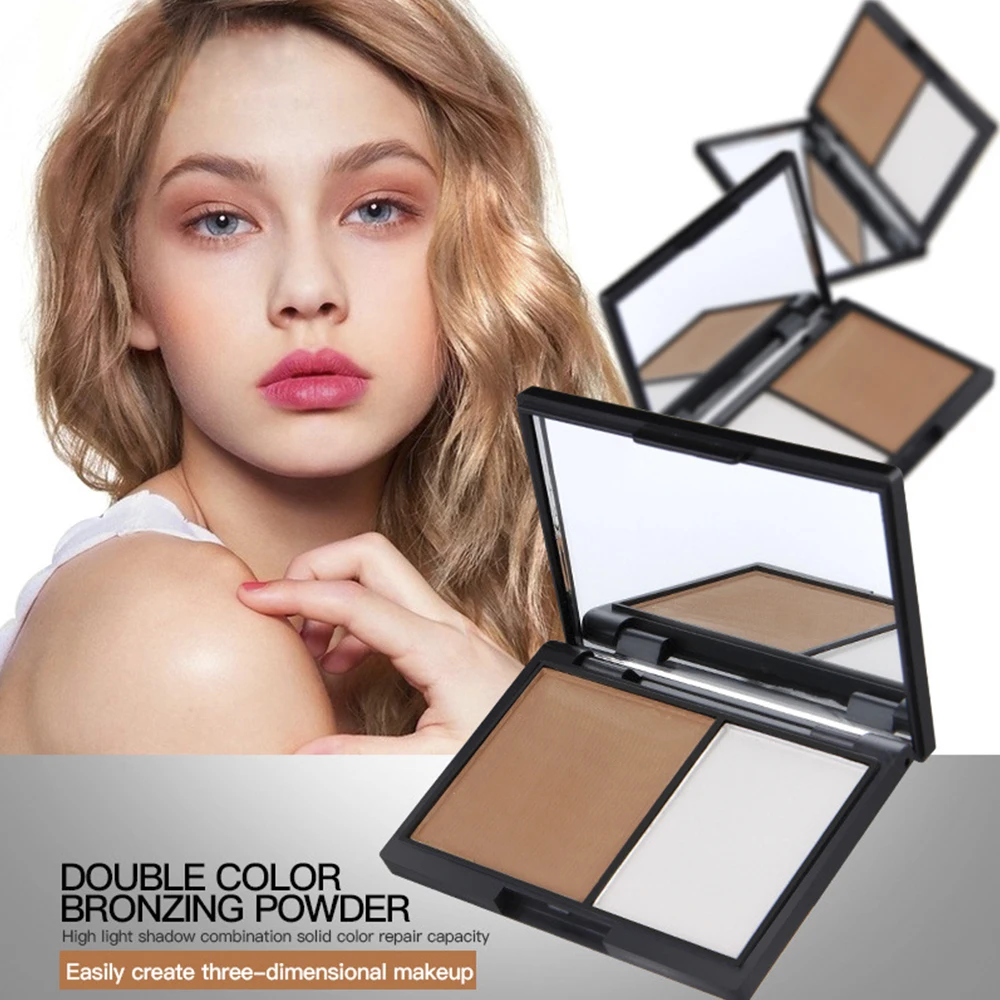 

Magical Halo 2 Colors Contouring Palette Highlighter Bronzer Powder Makeup Shading Powder 3D Face Makeup Base Powder with Mirror