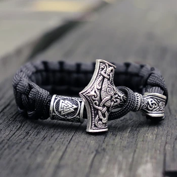 Mens Viking Mjolnir Leather Bracelet Thor hammer Wristband Norse Mythology Runes Amulet Jewelry