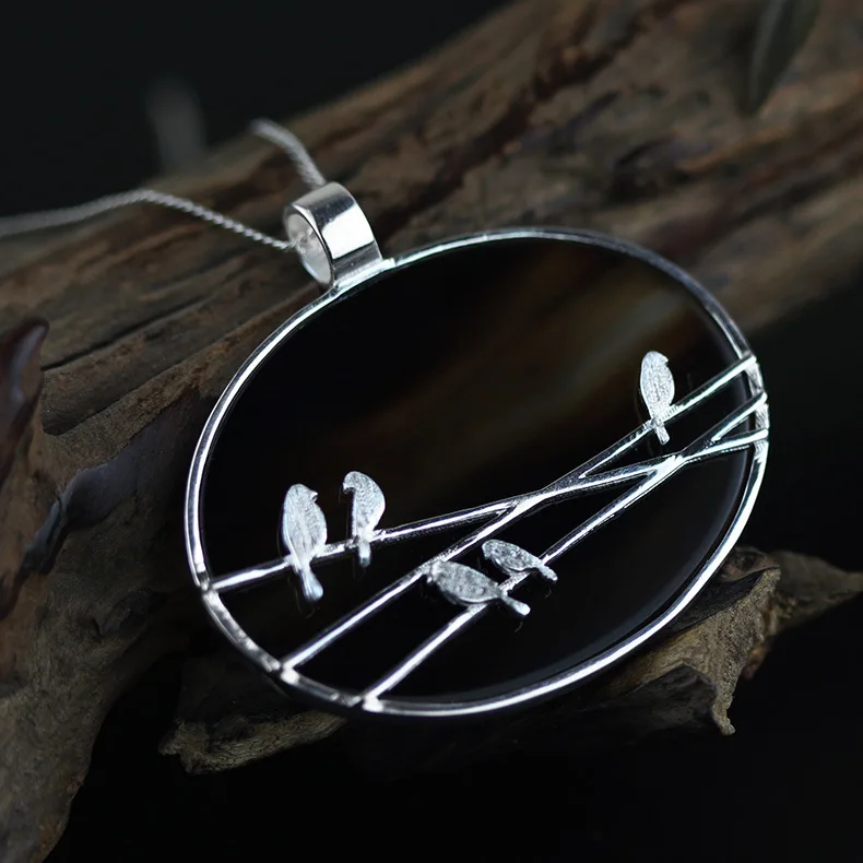 925 sterling silver jewelry landscape bird pendants agate pendant bird pendant two tone color hand made silver jewelry