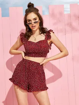 

Sexy Women 2 piece Bodysuit Romper Set Hot Summer Sleeveless Crop Top Tank+ Shorts Polka Dot Trousers Suit For Women Set