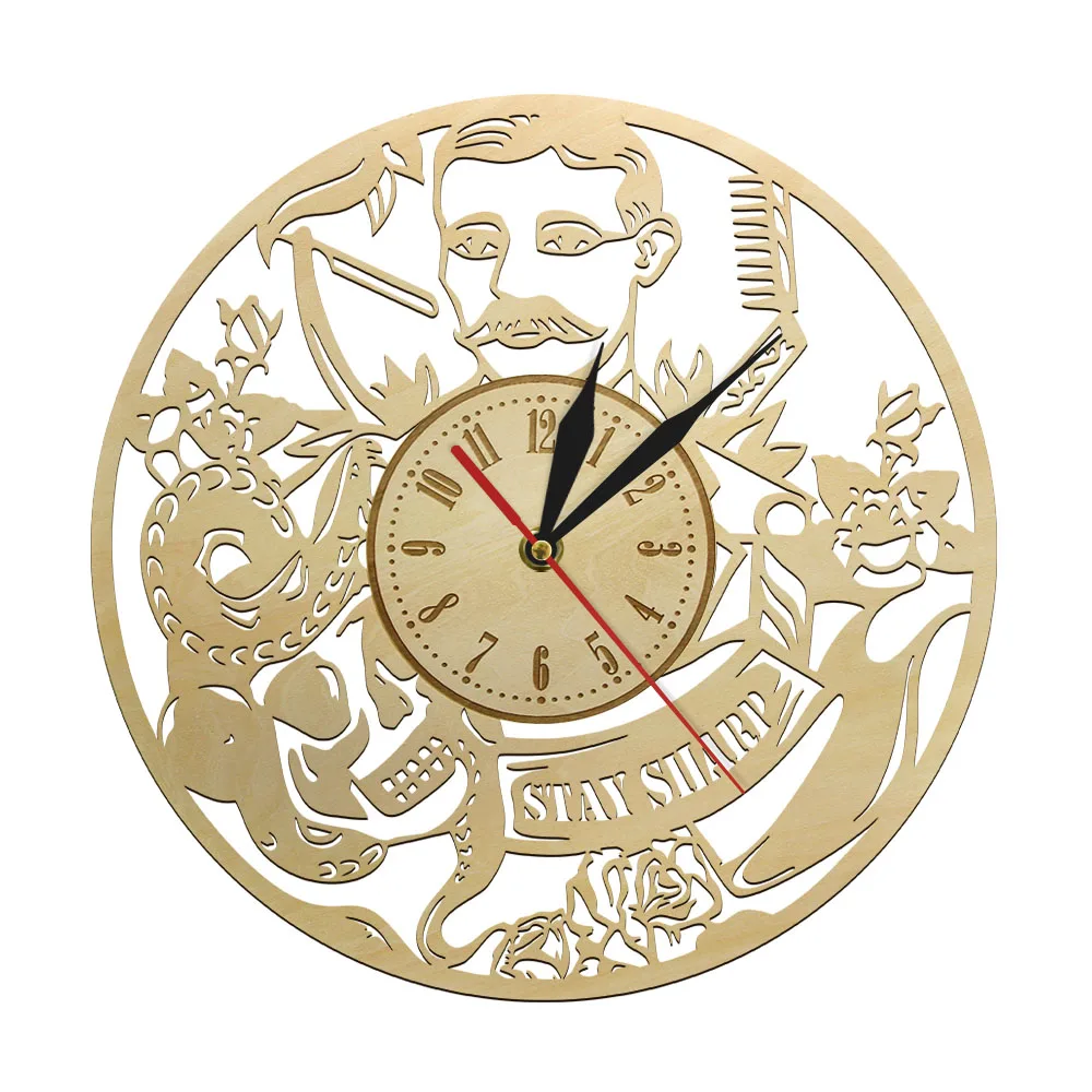 

Stay Sharp Barber Shop Sign Logo Handmade Wooden Wall Clock Beauty Salon Art Wall Watch Timepiece Hair Professional Stylist Gift