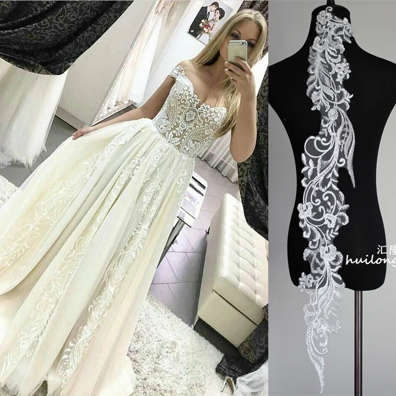

4pc=2pair ivory Flower Pattern Beading sequin lace patch Applique Embroidery for Wedding Dress Evening Gown