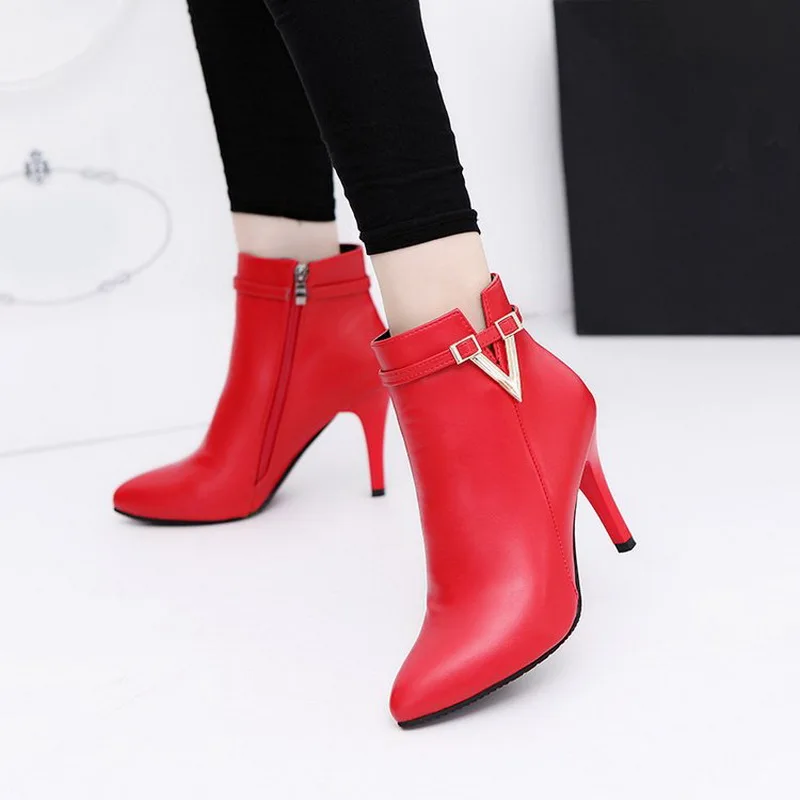

2018 Spring Autumn Stiletto Thin High Heels Pointed Toe Faux Leather Zipper Style Sexy Ankle Womens Boots Bota Feminina