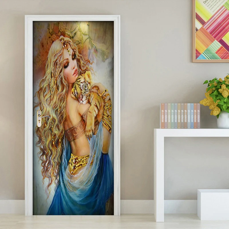 

Retro Beauty Tiger 3D Door Stickers Creative Door Wallpaper For Bedroom Living Room Decor Home Decor 3D Mural Poster Door Decals