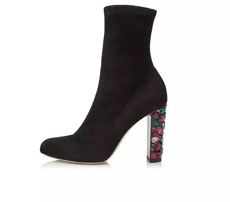 

New Hot Selling Crystal Embellished Thick Heels Boots for Woman Stretch Fabric Ankle Boots Colorful Rhinestones Woman Boots