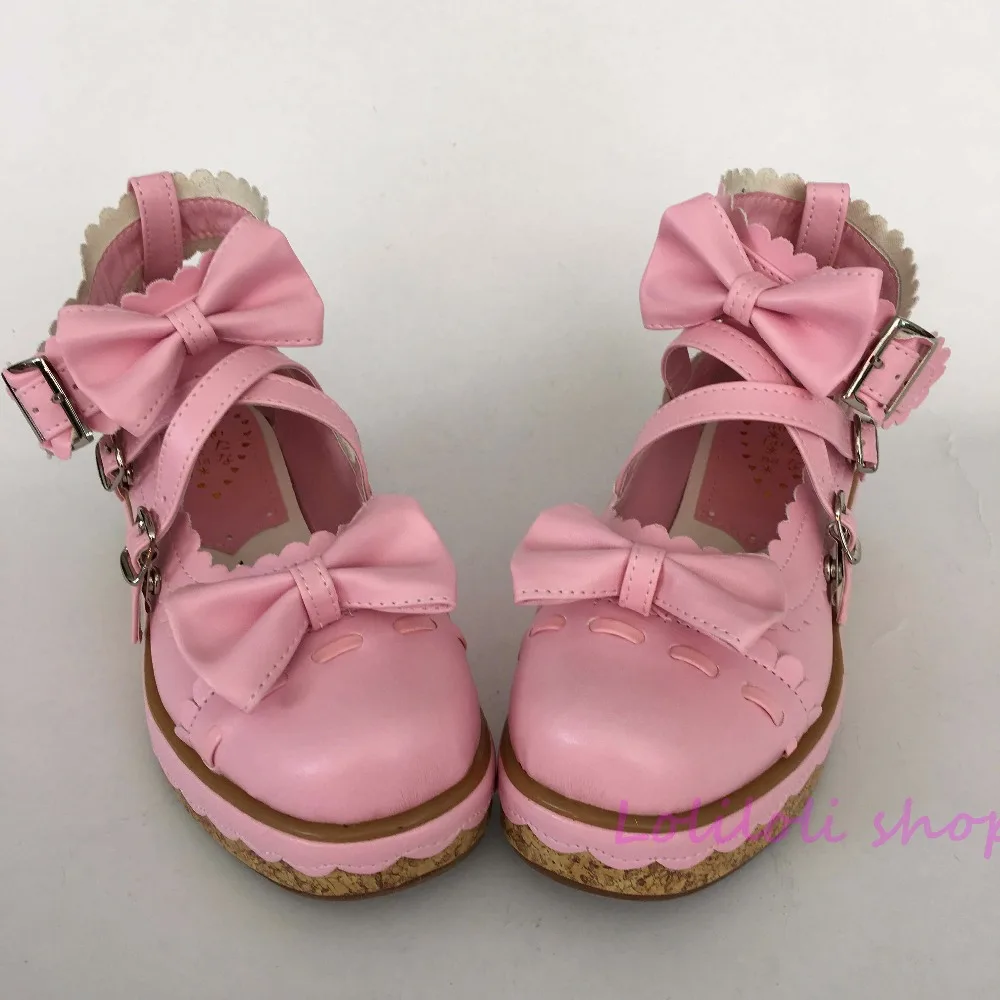 

Princess sweet lolita shoes Japanese design customized special shaped pink bow buckle platform shoes an2002-8