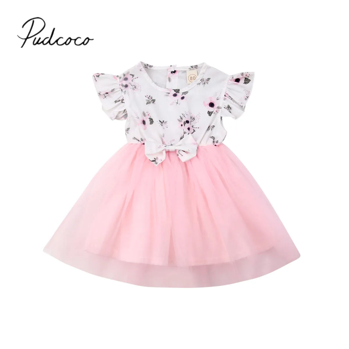 

2019 Baby Summer Clothing Cute Kid Baby Girls Flower Dress Ruffles Sleeve Pink Lace Tutu Dress Party Chiffon Dress Clothes 6M-4T