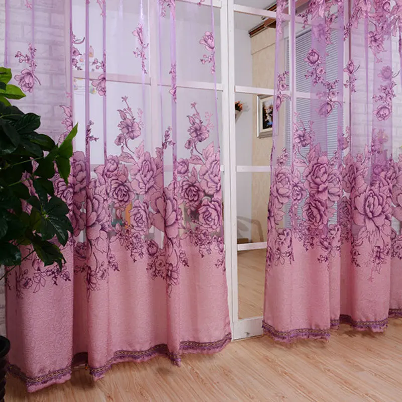 1Pc Window Curtain Luxurious Upscale Jacquard Yarn Curtains Peony Pattern Voile Door Window Curtains Living Room Bedroom Decor