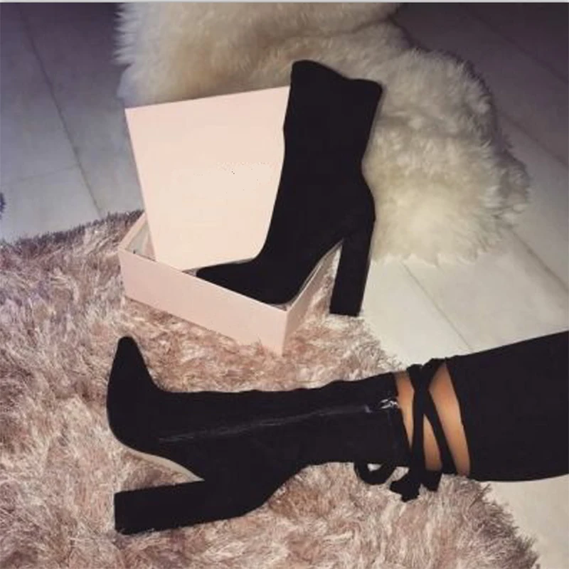 

2019 Fashion Plus Size 42 Women 10.5cm High Heels Fetish Boots Thick Block Heels Ankle Boots Prom Spring Zip Chunky Suede Shoes
